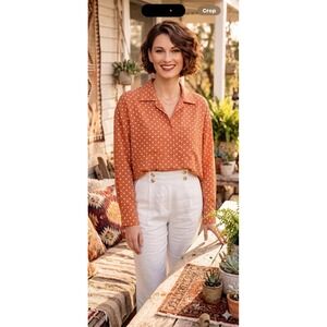 VTG 90s ESPRIT Orange Polka Dot Blouse Women  Sz M Rayon Oversized Button Up